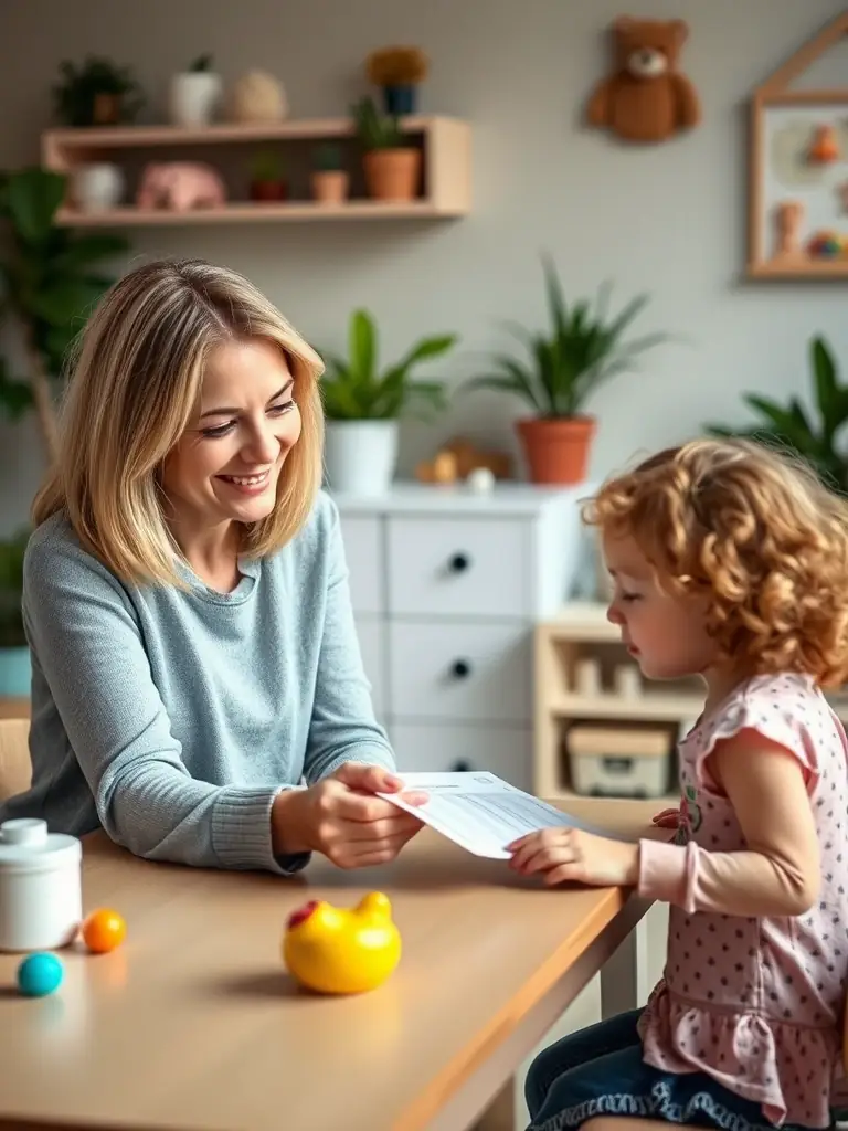 A qualified dyslexia screener is administering a test to a young child in a brightly lit, comfortable room.