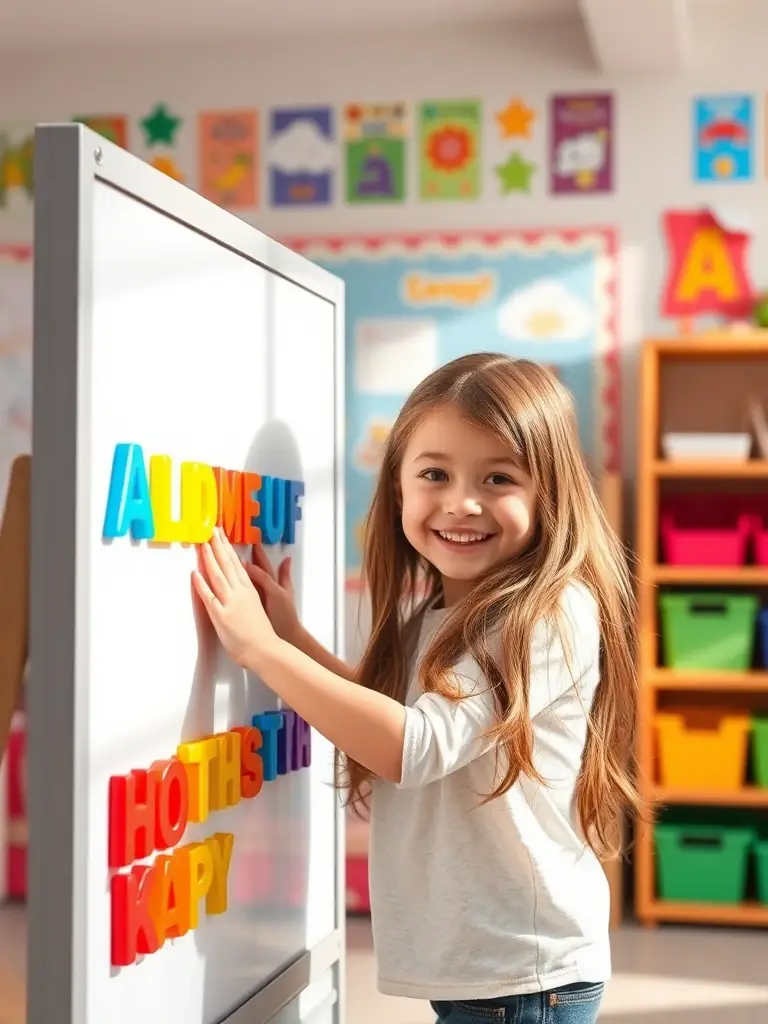 A close-up shot of a child happily pointing at a letter on a colorful alphabet chart during an early dyslexia screening session.