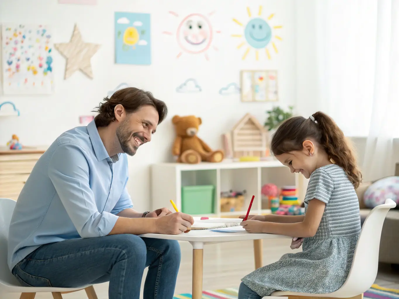 An image depicting a child completing a dyslexia screening assessment with a qualified screener. The screener is shown providing gentle guidance and support, ensuring the child feels comfortable and at ease.