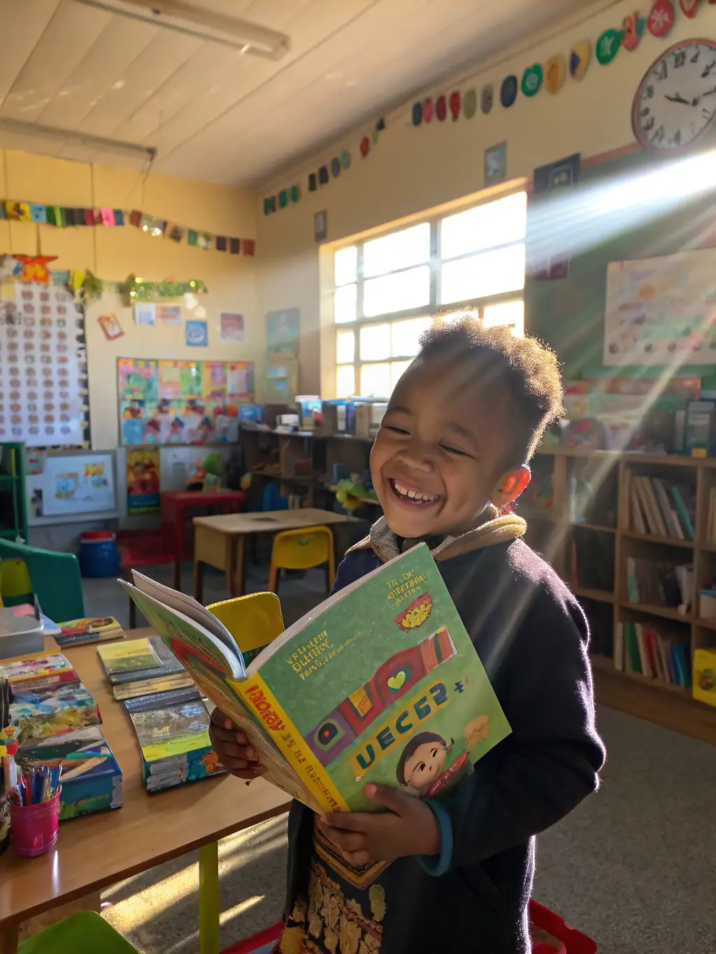 A child is smiling and giving a thumbs-up while working on a reading exercise with their tutor.