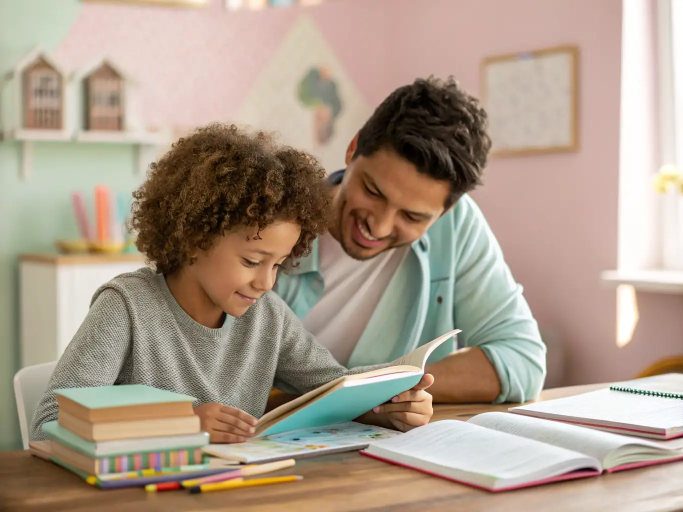 A warm and inviting image of a tutor working one-on-one with a child, both smiling and engaged in a learning activity. The setting is a comfortable and supportive environment, emphasizing personalized attention.