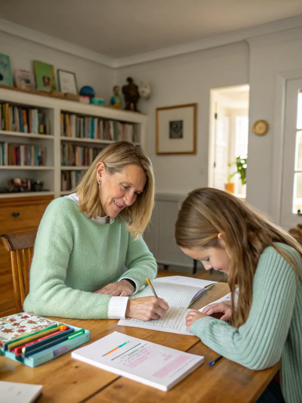 A dedicated tutor smiling and working closely with a student, using flashcards and other engaging learning tools.