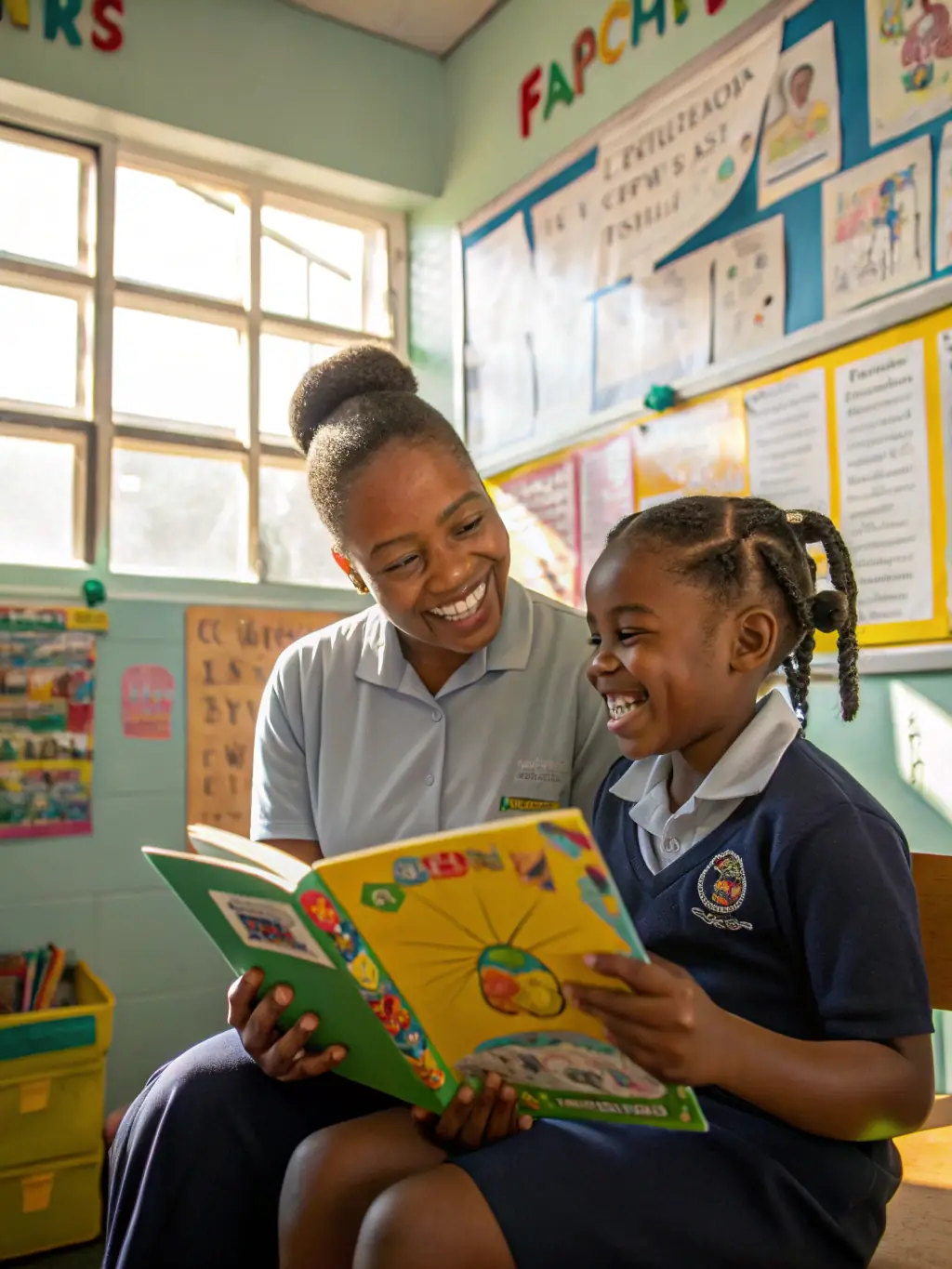 A young child happily engaged in a one-on-one tutoring session, focusing on reading skills with colorful learning materials, set in a bright and encouraging environment.
